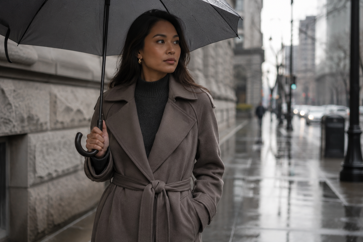 Filipina-Canadian woman crossing a rain-slicked Gastown street under string lights in a belted taupe wool-blend trench over a charcoal knit, holding an umbrella
