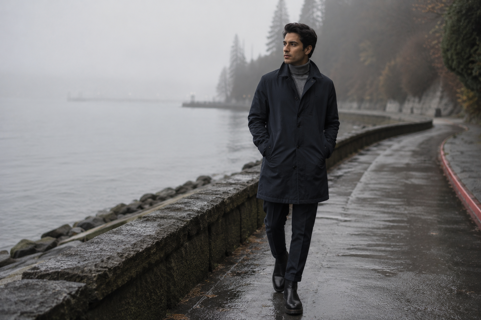 Indo-Canadian man on a foggy Stanley Park seawall in a navy water-resistant overcoat over a grey rollneck, dark trousers, and black rubber-soled leather boots