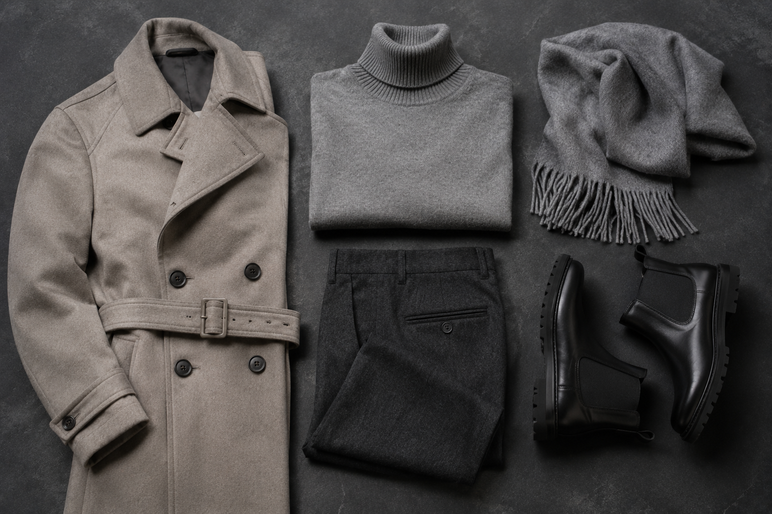 Flat-lay on dark slate of a stone wool-blend trench, a folded grey cashmere rollneck, charcoal flannel trousers, black rubber-soled leather boots, and lambswool scarf