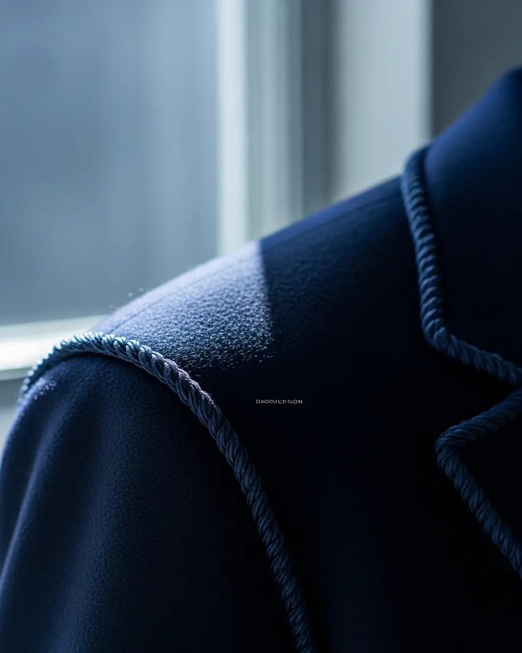 Extreme close-up of a roped shoulder seam on a navy wool blazer showing the raised ridge where the sleeve meets the shoulder