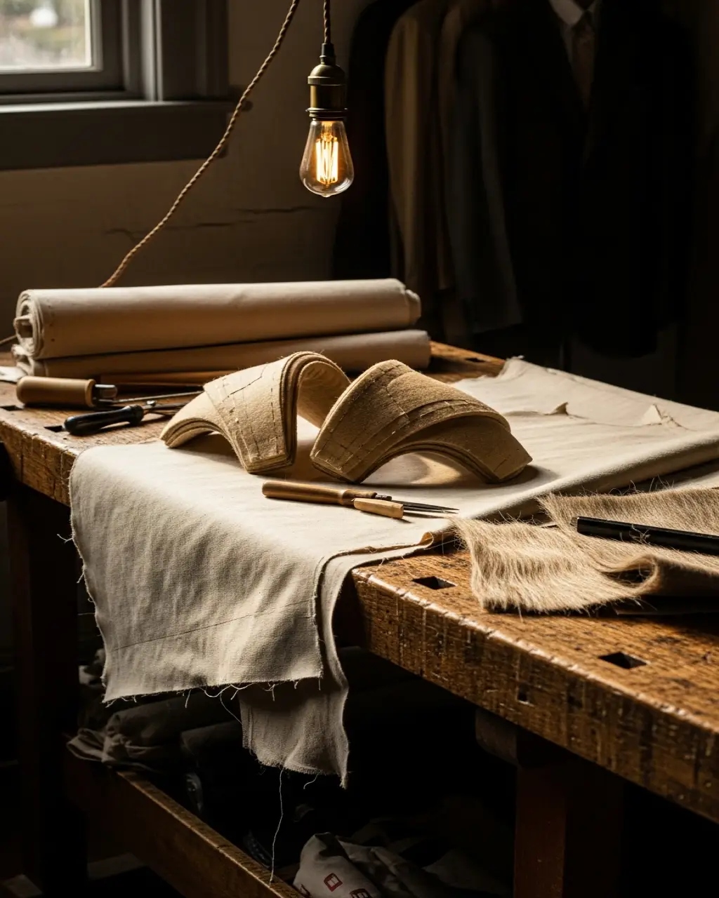 Tailoring workroom bench holding canvas interlining and shoulder padding materials under a warm overhead lamp