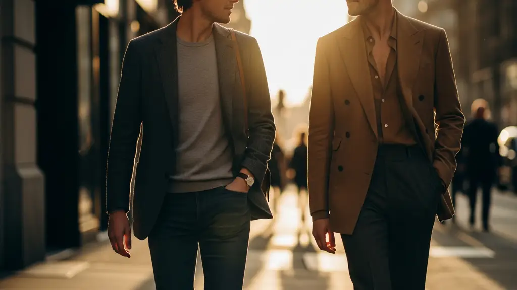 Two people in charcoal and camel blazers walking along a city sidewalk during golden hour with a blurred street behind them