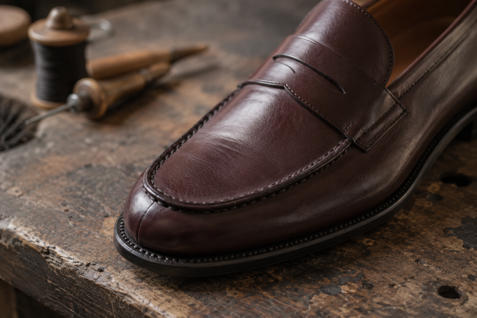 Close-up of a burgundy penny loafer on a worn cobbler workbench showing a Blake-stitched sole edge and full-grain leather vamp in soft daylight