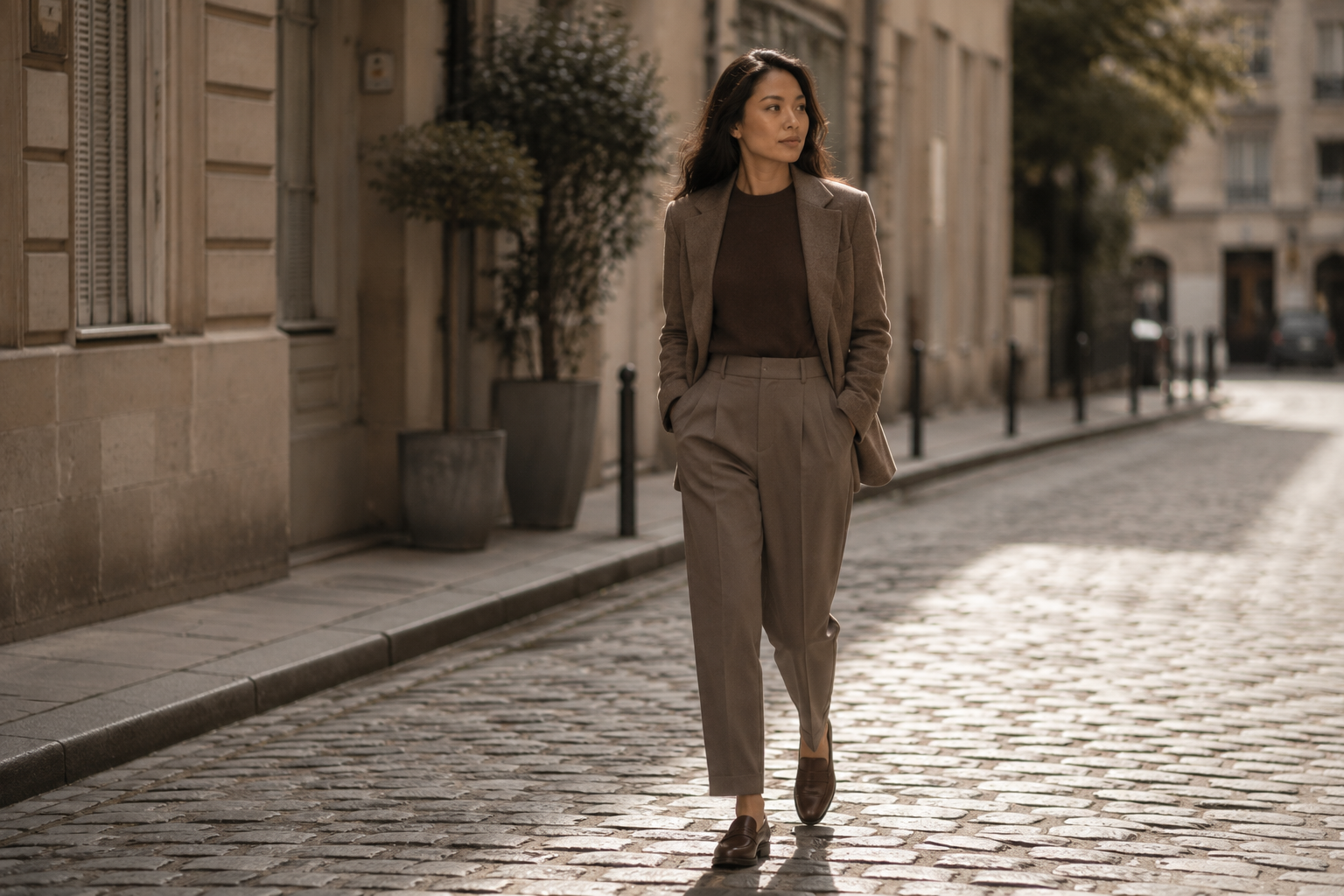 East Asian woman in tailored taupe trousers and chocolate penny loafers walking a sunlit cobbled street, low contrast and grown-up