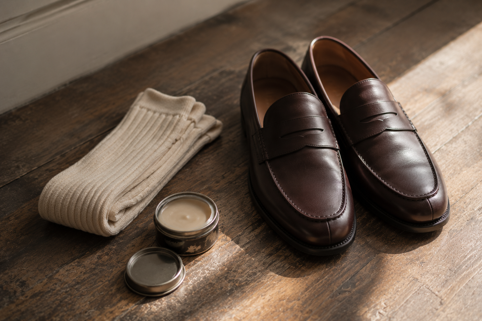 Morning interior shot of a pair of chocolate Blake-stitched penny loafers on a worn oak floor next to folded ecru socks and a tin of neutral leather cream