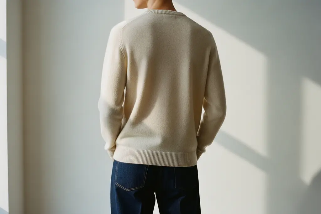 Person wearing a cream two-ply cashmere crewneck sweater photographed from the shoulders down against a clean neutral studio backdrop