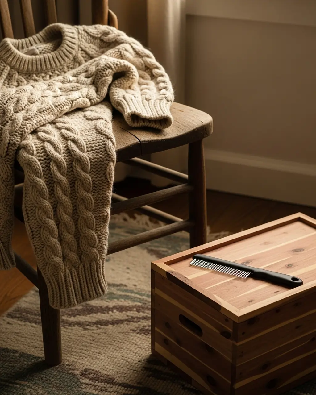 Chunky oatmeal cable-knit sweater draped over a wooden chair next to a cedar box and a pilling comb in warm morning light