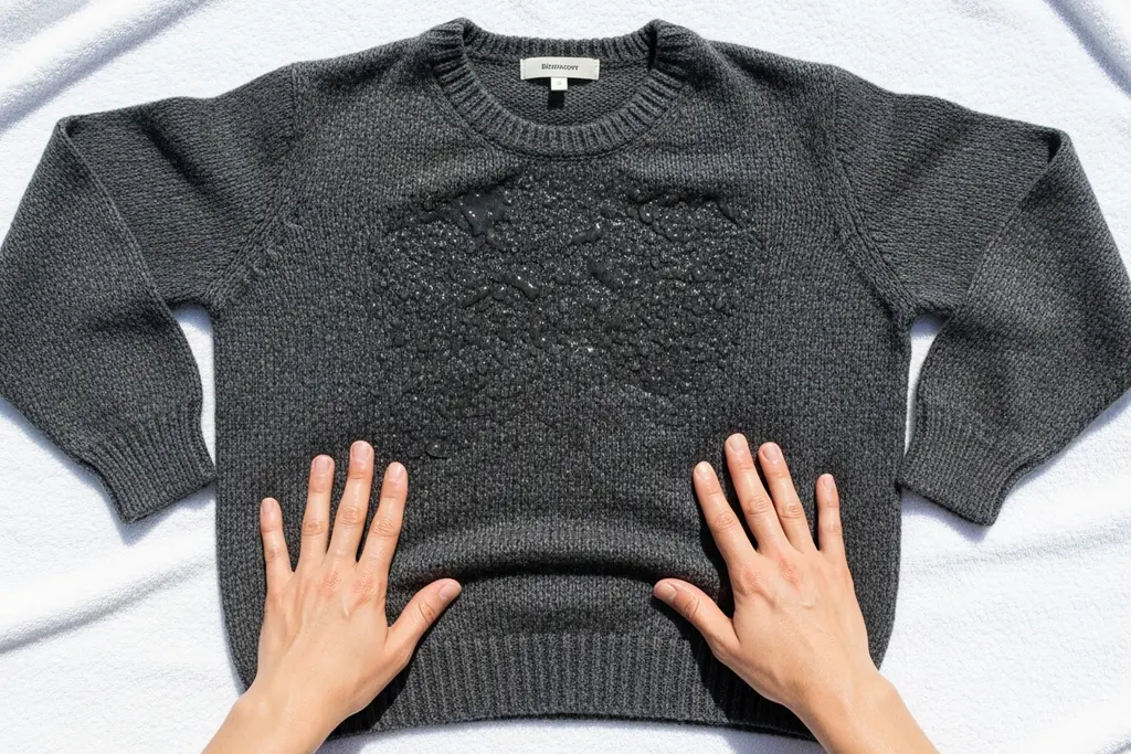 Overhead view of hands laying a freshly washed charcoal wool sweater flat on a white towel to air dry