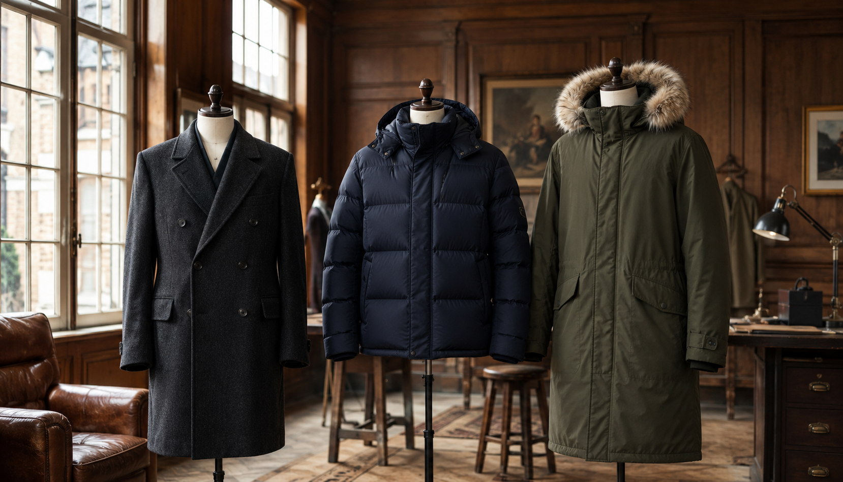 Wide morning interior of a wood-paneled atelier with three winter coats on tailor forms in the foreground, a charcoal wool topcoat, a navy down puffer, and a long technical parka in olive