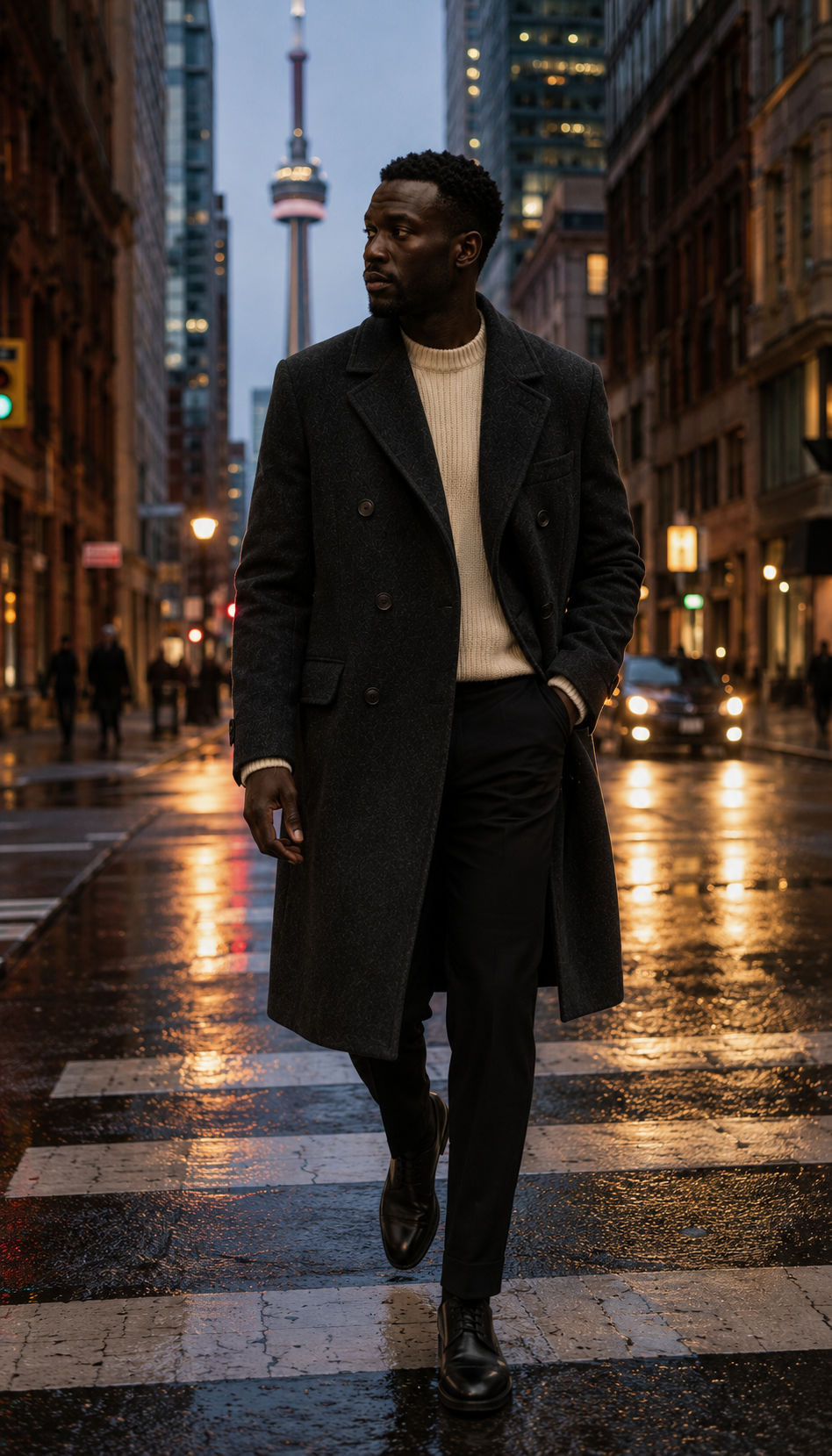 Tall West-African man in a charcoal wool double-breasted topcoat over a heavy gauge cream knit, walking through a wet downtown Toronto crosswalk at dusk