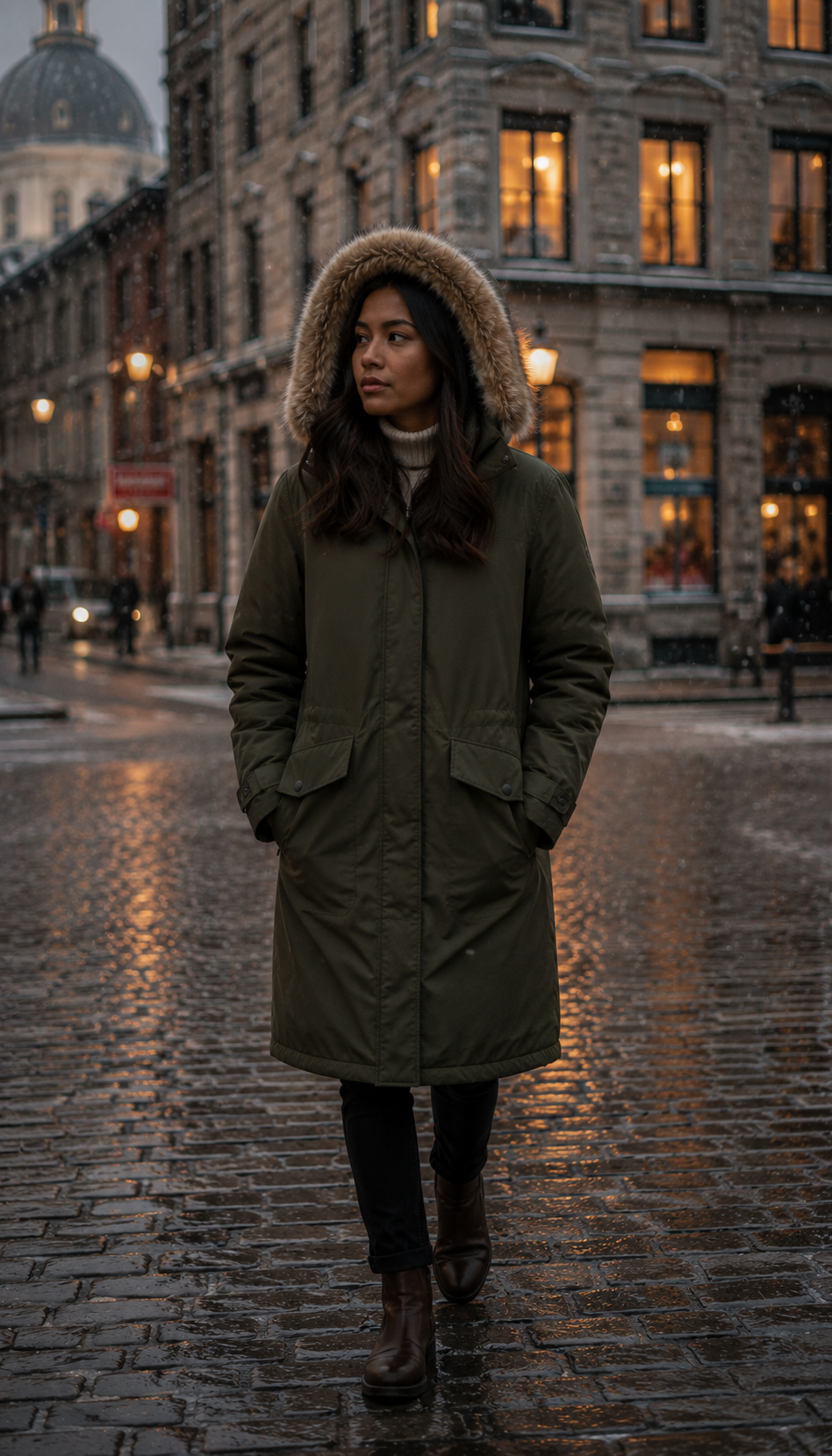 Wide cold-morning shot of a Filipino-Canadian woman walking through a Montreal Old Port intersection in a long olive technical parka with hood up, snow falling, hands in pockets