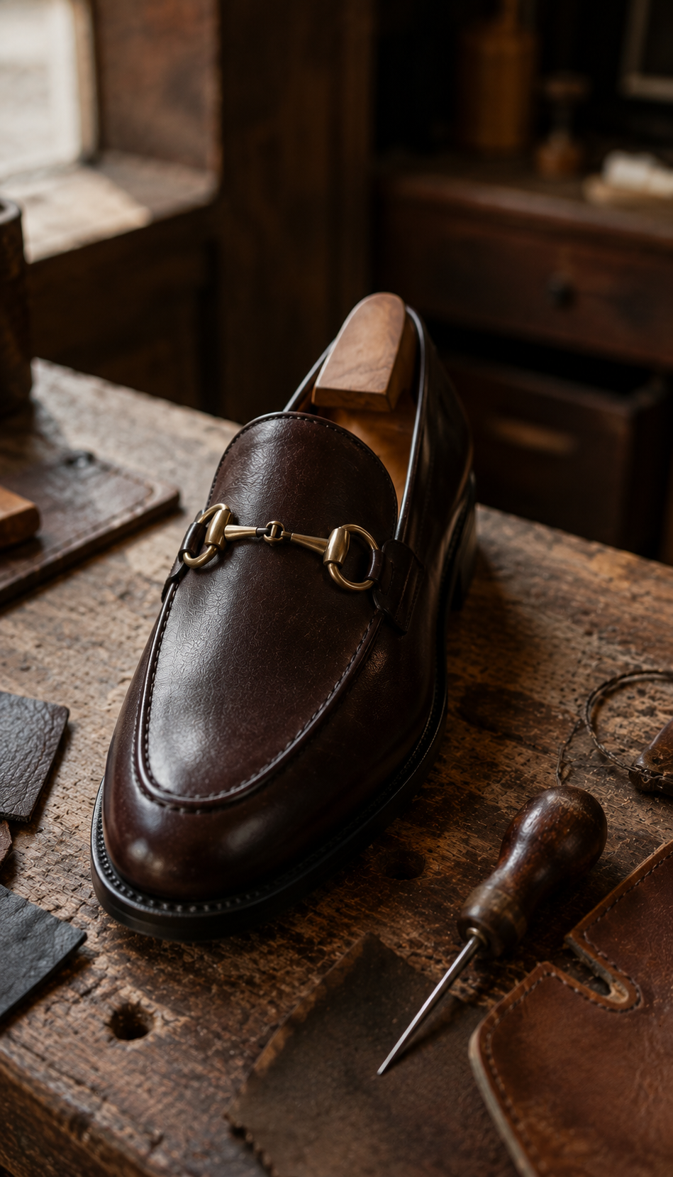 Close-up of a hand-stitched chocolate horsebit loafer on a worn cobbler workbench, leather welt and brass bit visible, soft daylight from a side window