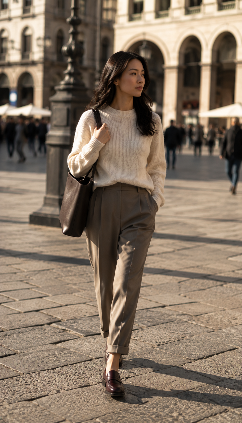 East Asian woman in her thirties walking through a sunlit Milan piazza in tailored taupe trousers and burgundy penny loafers, low contrast and grown-up