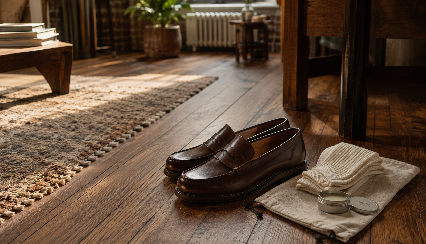 Wide morning interior of a Brooklyn apartment with a pair of chocolate Goodyear-welted penny loafers placed on a worn oak floor next to folded ecru socks and a leather conditioning balm