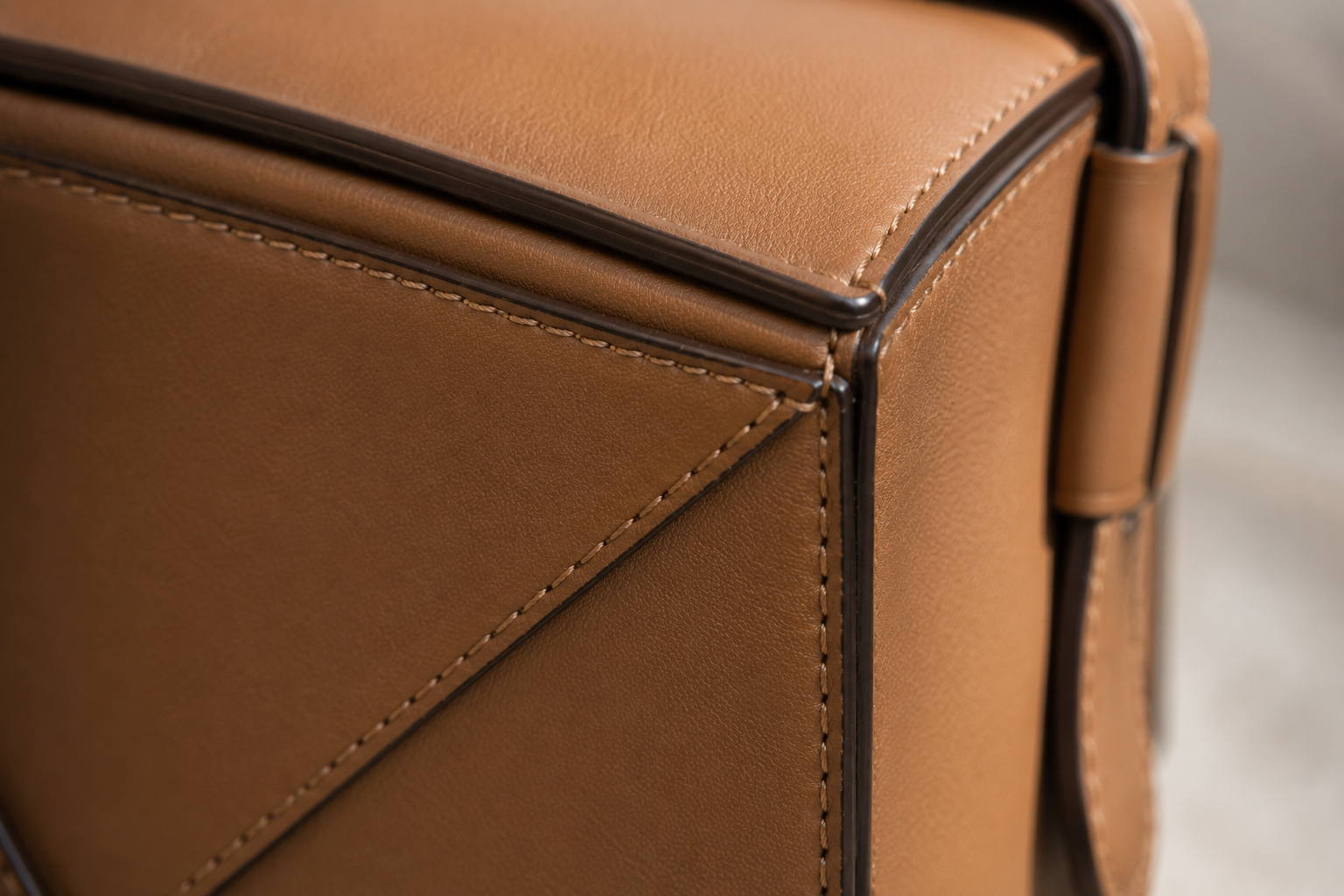 Macro shot of a Loewe Puzzle corner showing precise diagonal seams, even saddle-stitching, and painted leather edges in natural daylight