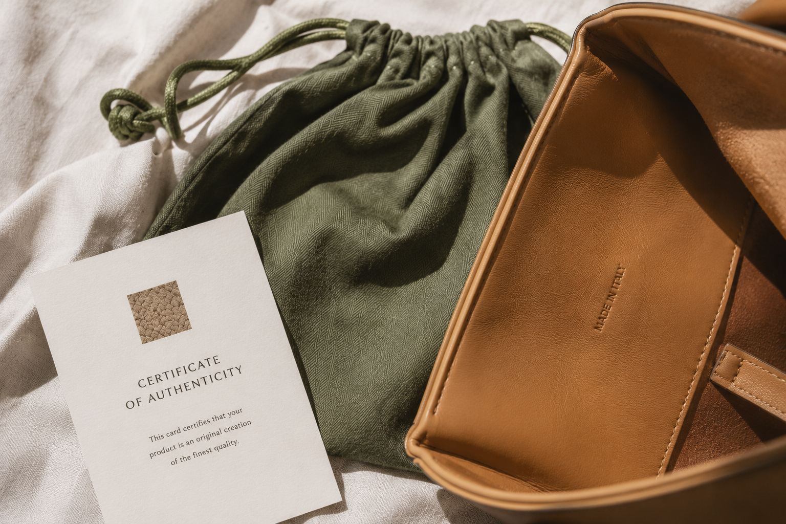 Flat-lay of a Loewe Puzzle authenticity card, green drawstring dust bag, and interior heat-stamped Anagram logo arranged on a pale linen surface