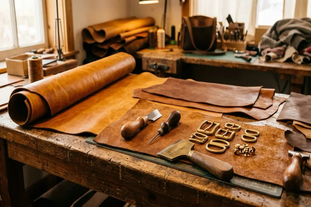 Workshop bench holding vegetable tanned leather hides, brass belt buckles and hand tools in warm tungsten light