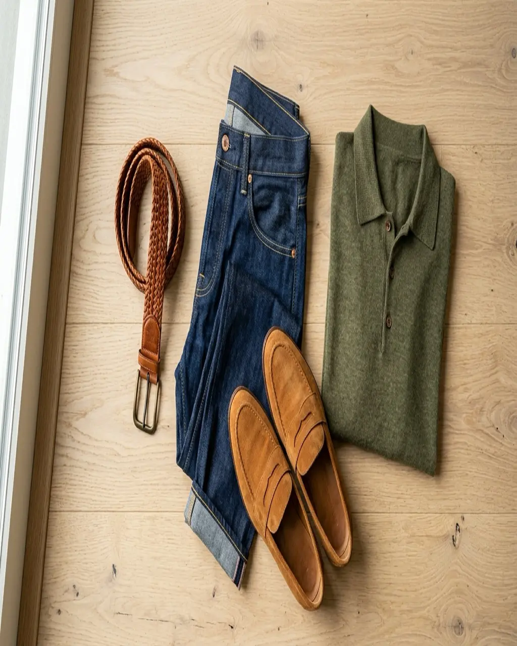 Flat lay of a woven tan leather belt styled with dark denim, suede loafers and a knit polo on oak flooring