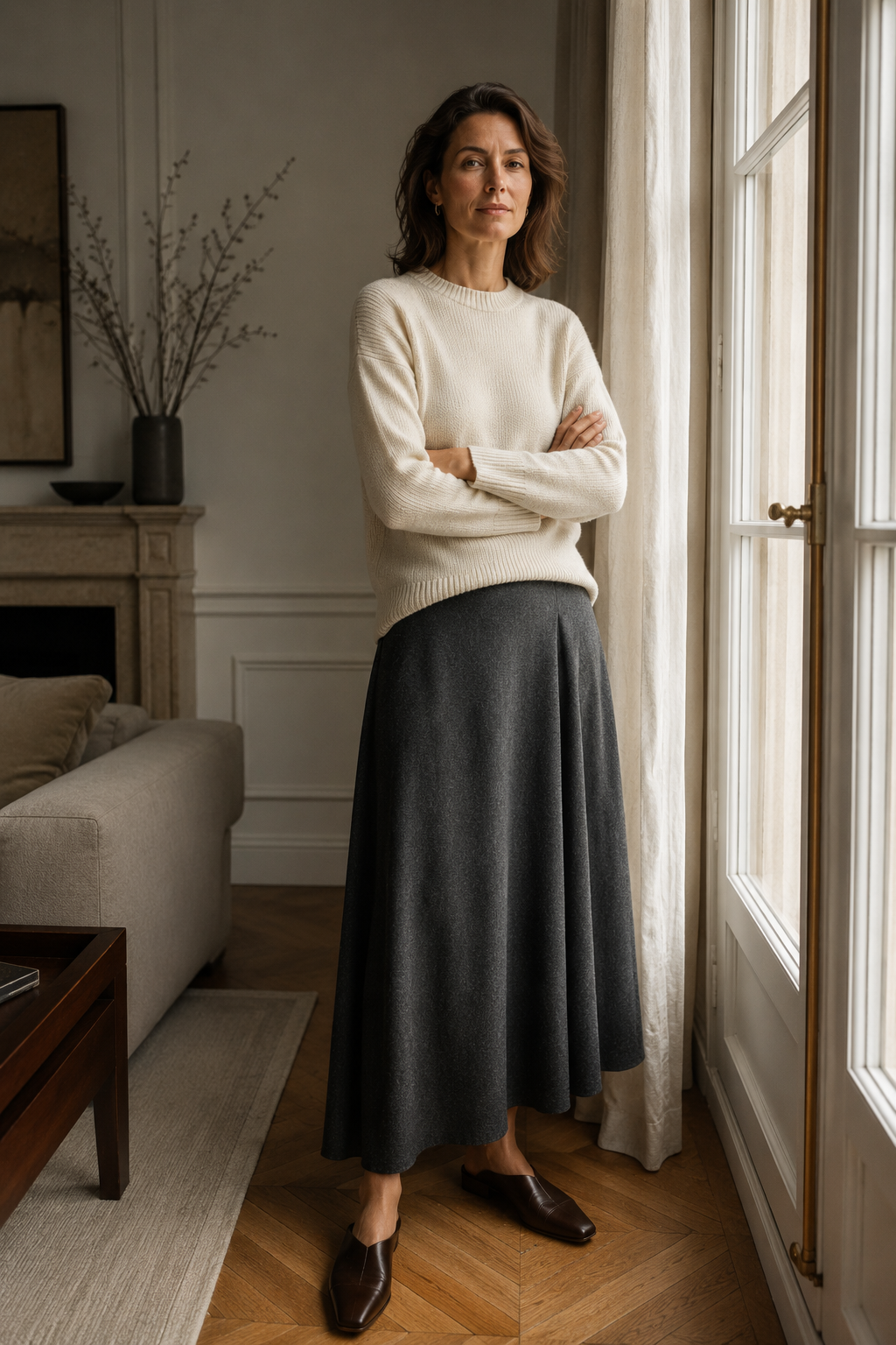 Eastern-European woman in her forties cross-armed in a four-ply ecru cashmere crewneck, light from a tall window catching the dense knit surface