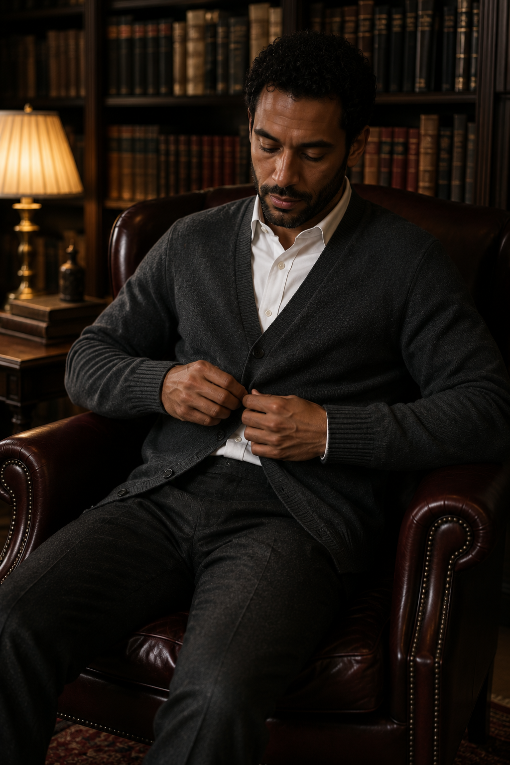Mixed Black-and-Italian man seated in a leather club chair pulling on a charcoal six-ply cashmere cardigan, oak bookshelves softly out of focus