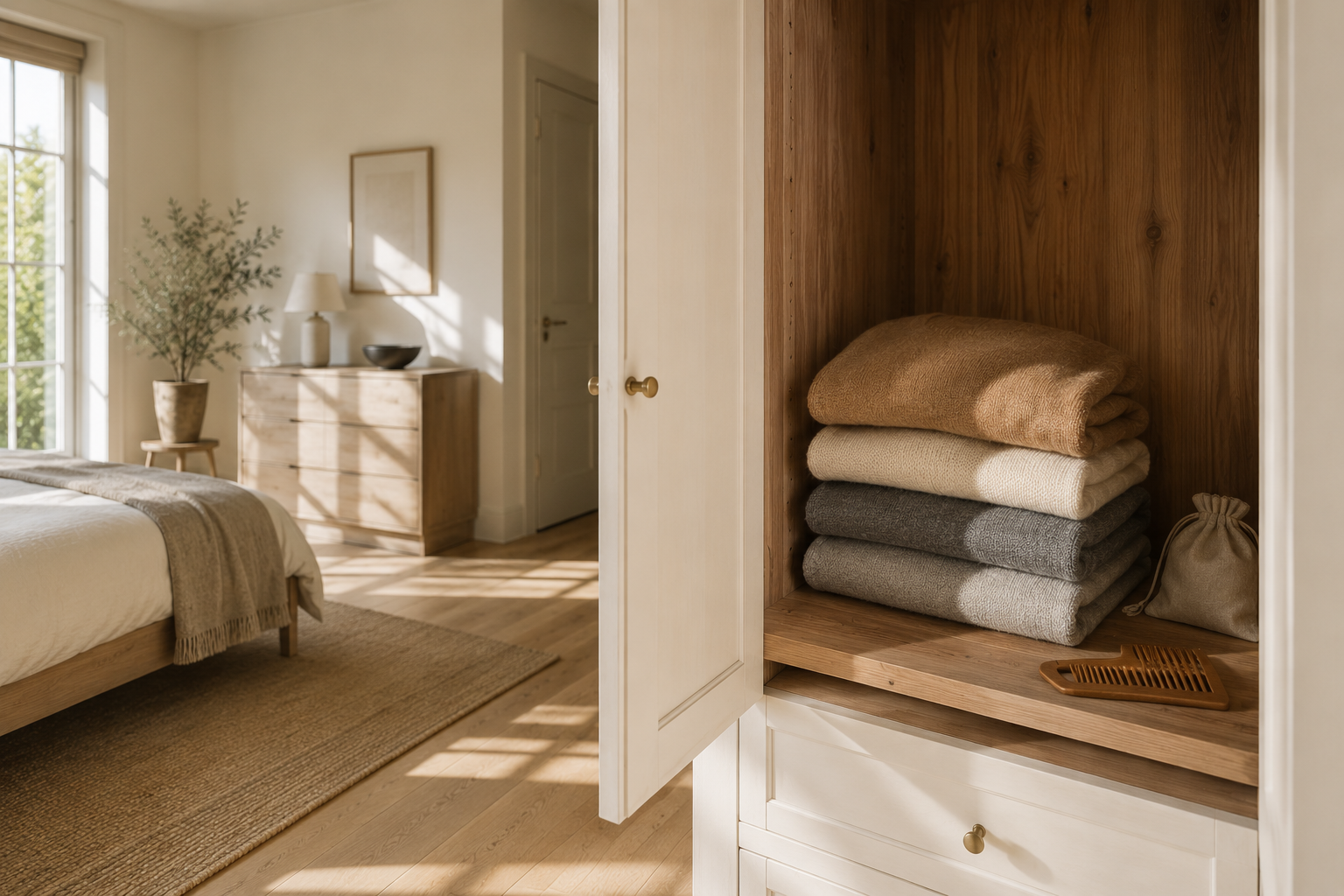 Wide morning-light interior with a folded stack of camel, ecru, and slate cashmere sweaters on an oak dresser beside a small wool comb and linen wash bag