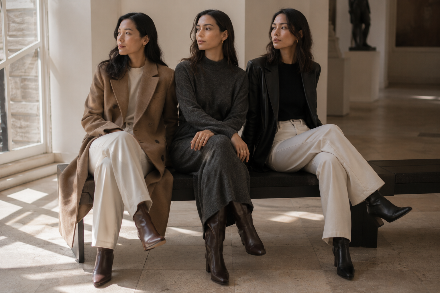 Three women on a sunlit gallery bench in coordinated quiet-luxury looks: a camel wool coat, a charcoal cashmere column dress, and a black leather blazer with denim
