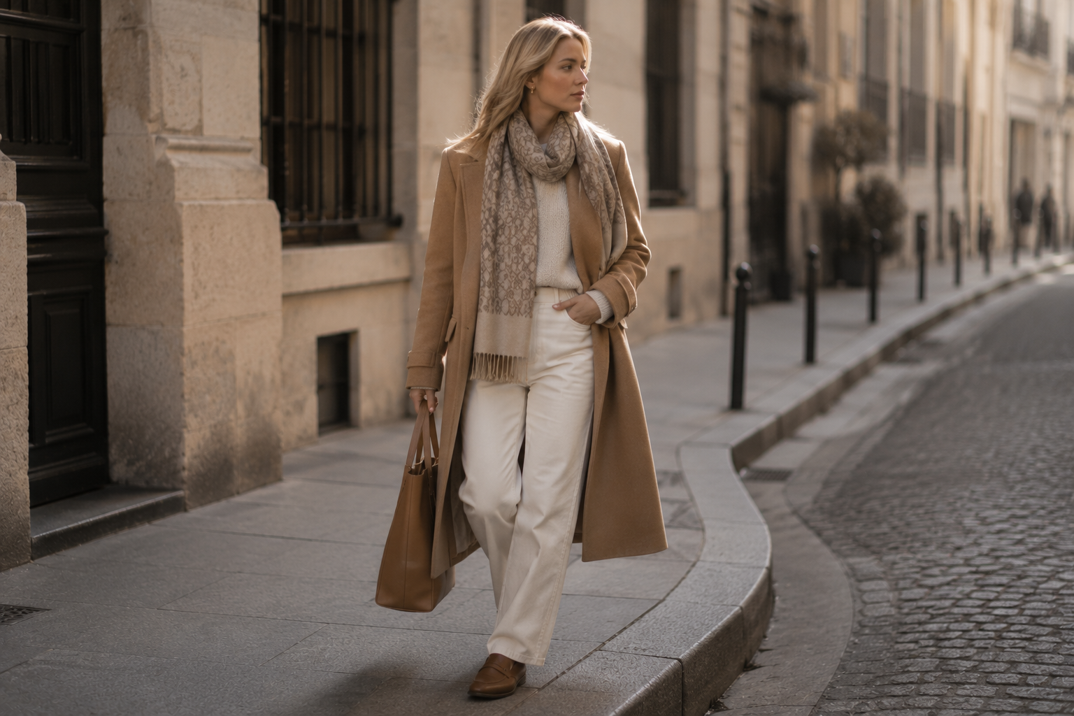 Scandinavian woman walking a quiet city street in a camel Toteme-style wool coat over an ivory knit and straight-leg cream denim, carrying a monogram scarf