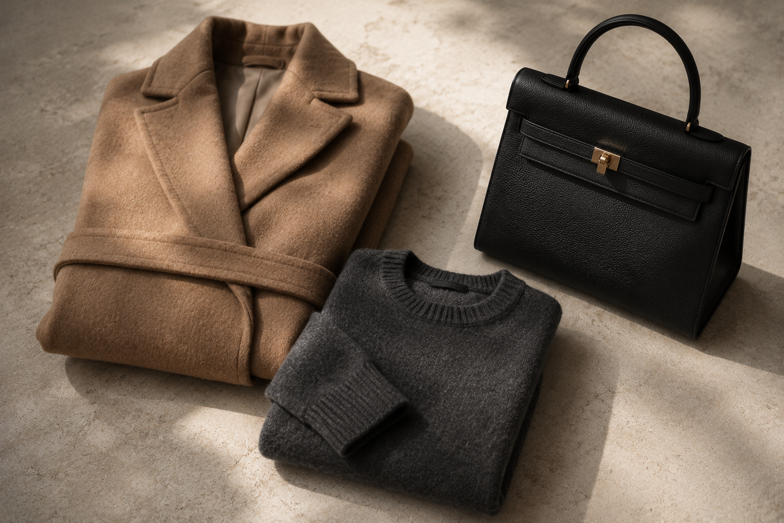 Flat-lay on pale stone of three quiet-luxury pieces: a folded camel wool coat, a soft charcoal cashmere knit, and a structured black leather top-handle bag