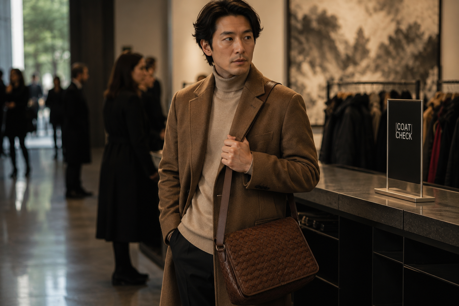 Korean-Canadian man at a Vancouver gallery coat-check holding a tobacco Bottega Veneta woven leather messenger over a beige cashmere turtleneck