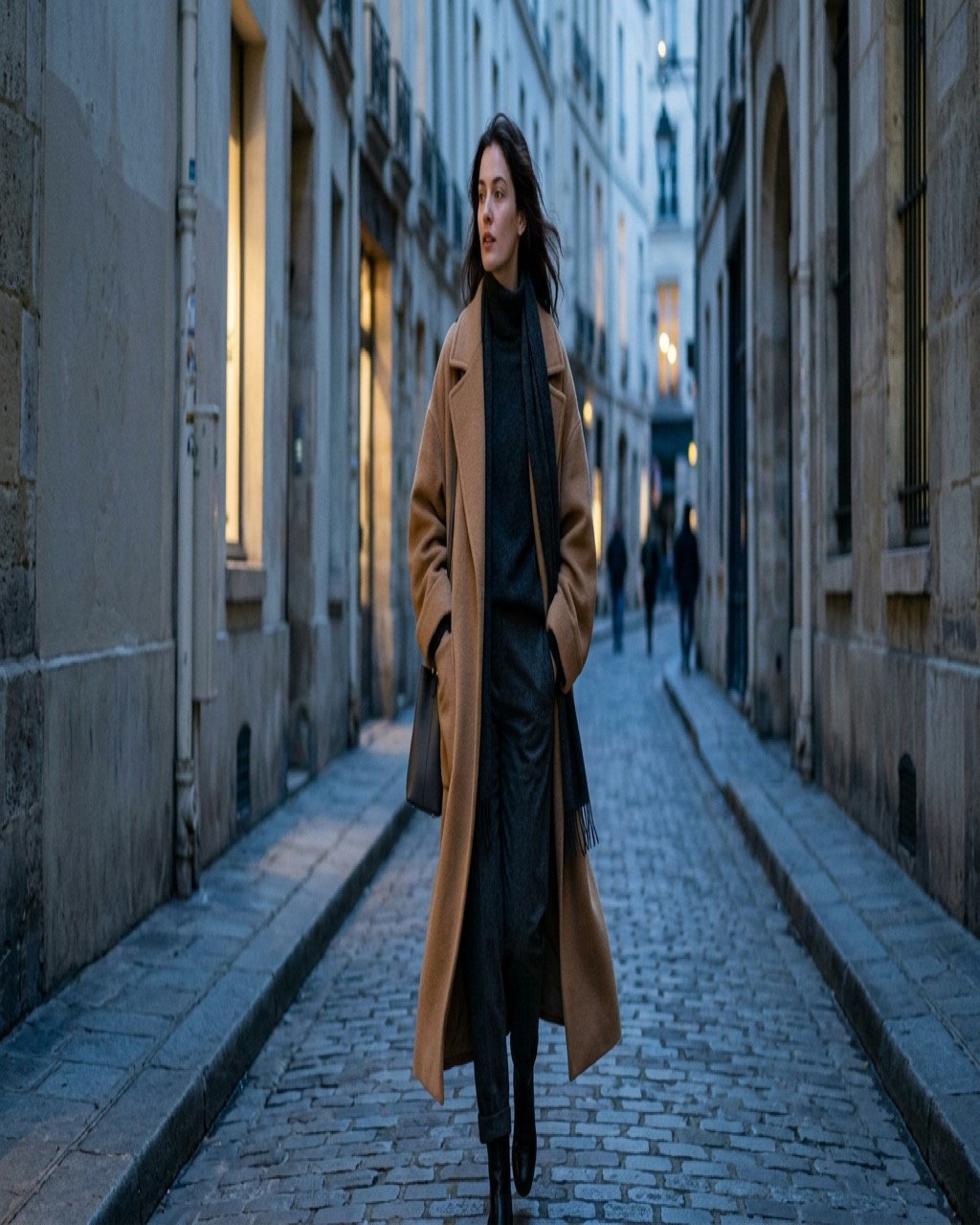 A person wearing an oversized soft-shouldered wool coat photographed on a quiet street at dusk, illustrating the relaxed tailoring silhouette