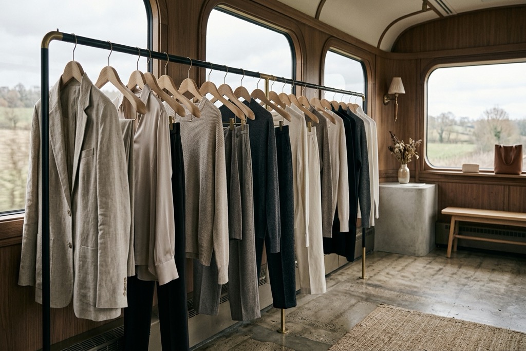 A sparse boutique rail of designer garments on wooden hangers in a minimal concrete-floored store with diffused overhead lighting