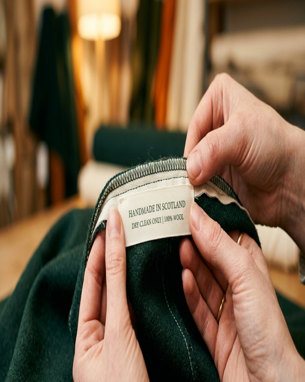 Close-up of hands inspecting a garment interior label and seam allowance, the kind of check used to authenticate archive pieces