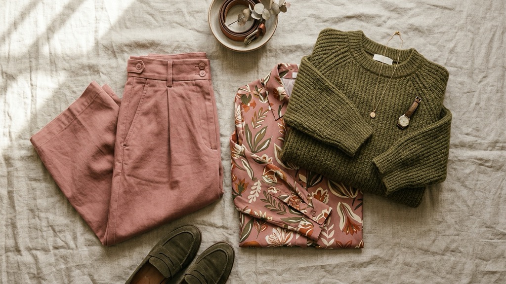 Overhead flat lay of wide-leg trousers, a printed shirt and a folded knit arranged on linen in natural daylight