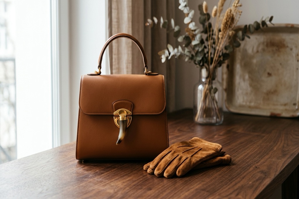 A structured caramel-brown leather handbag with a sculptural metal clasp on a dark walnut table beside suede gloves in natural window light