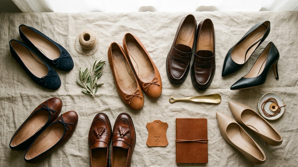Flat-lay overhead shot of Italian leather ballet flats, loafers, and pointed pumps arranged on natural linen fabric in diffused natural light