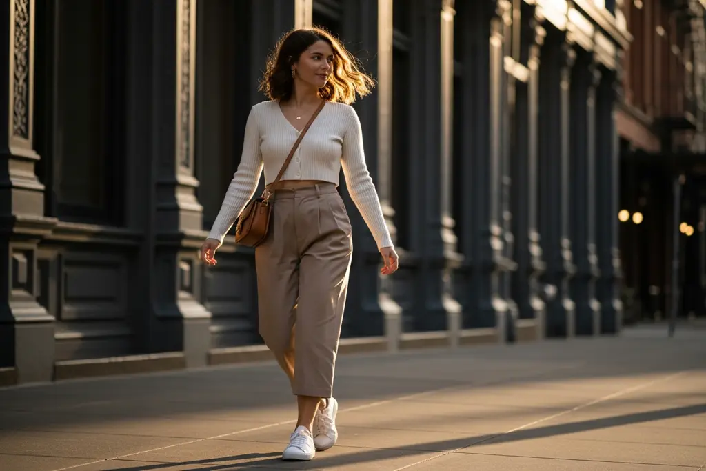 Woman in a cropped ribbed cardigan and slim trousers walking a sunlit downtown sidewalk, styled in relaxed Scandinavian daywear