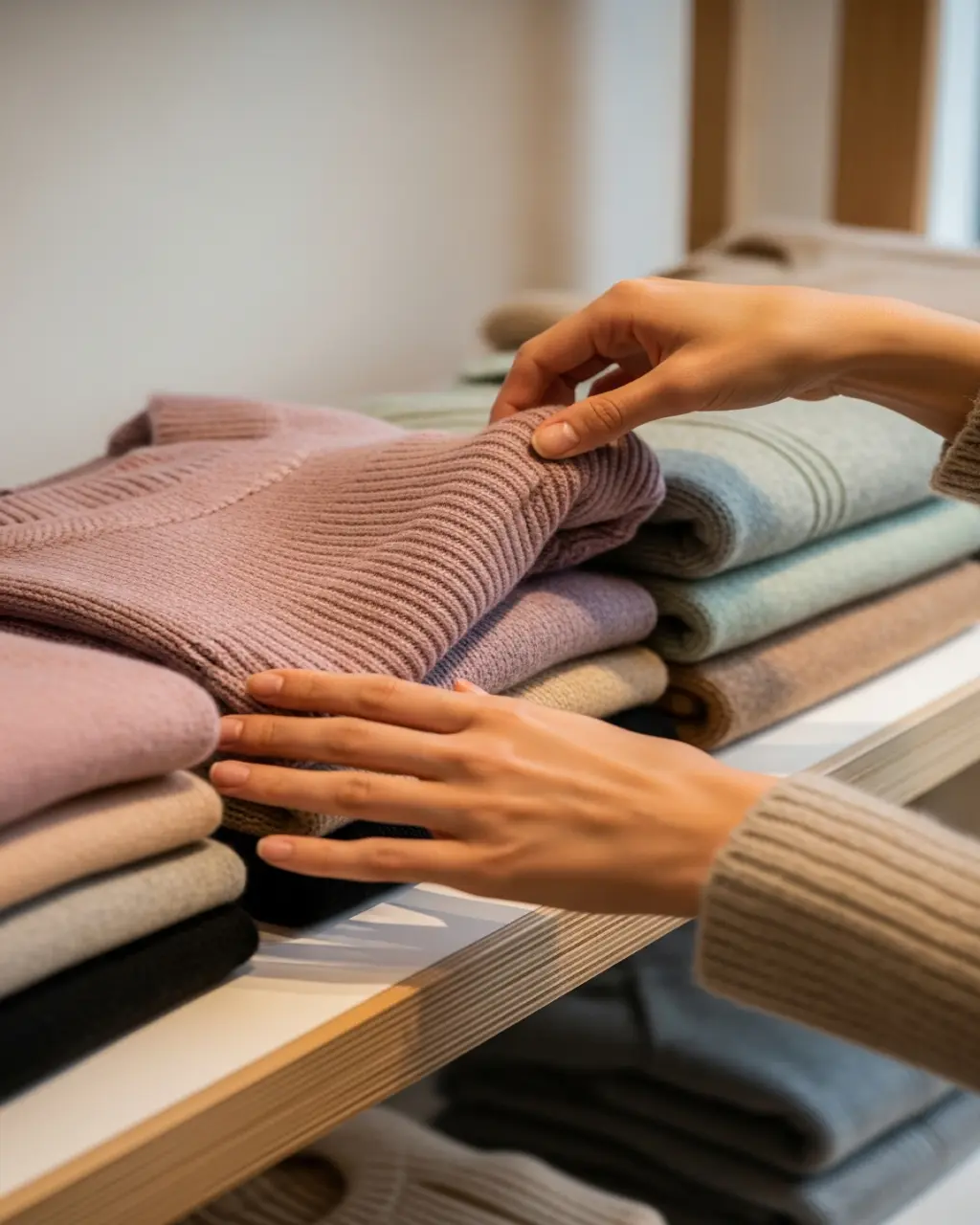 Close-up of hands browsing neatly folded pastel knitwear on a minimalist boutique shelf under soft diffused lighting