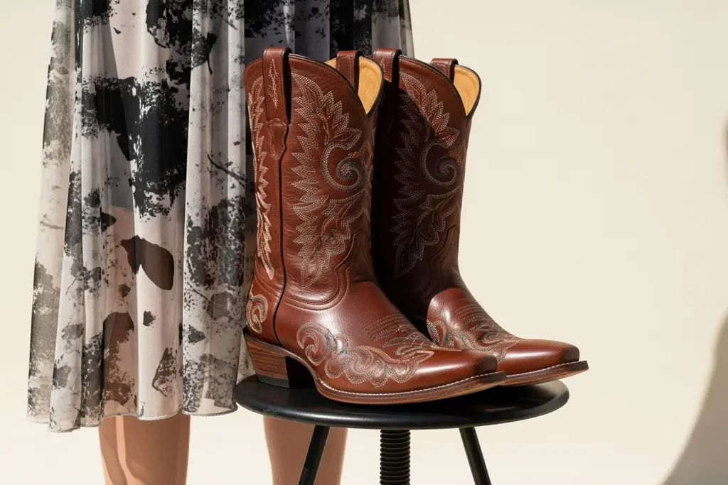 Detail of embroidered western boots next to a printed mesh dress hem on a studio stool against a clean cream backdrop