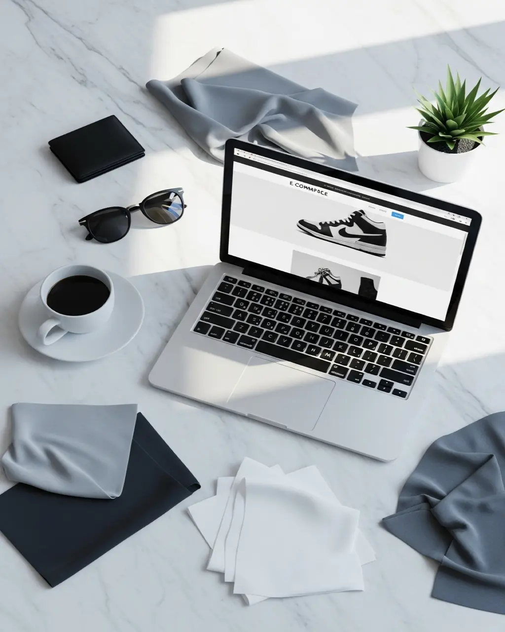 Overhead view of a laptop, coffee cup, and fabric swatches on a marble desk during an online fashion shopping session in cool morning light