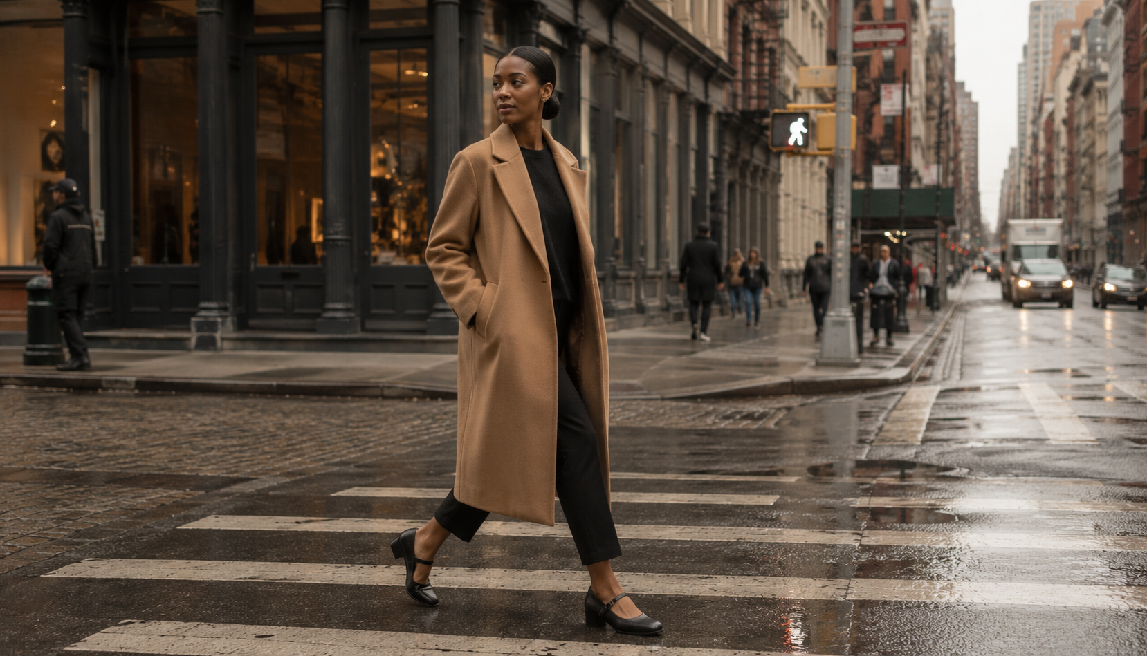 Wide street-style shot of a Black woman in a long camel overcoat and black Tabi mary-janes crossing a wet Soho intersection, neutral palette, late afternoon light
