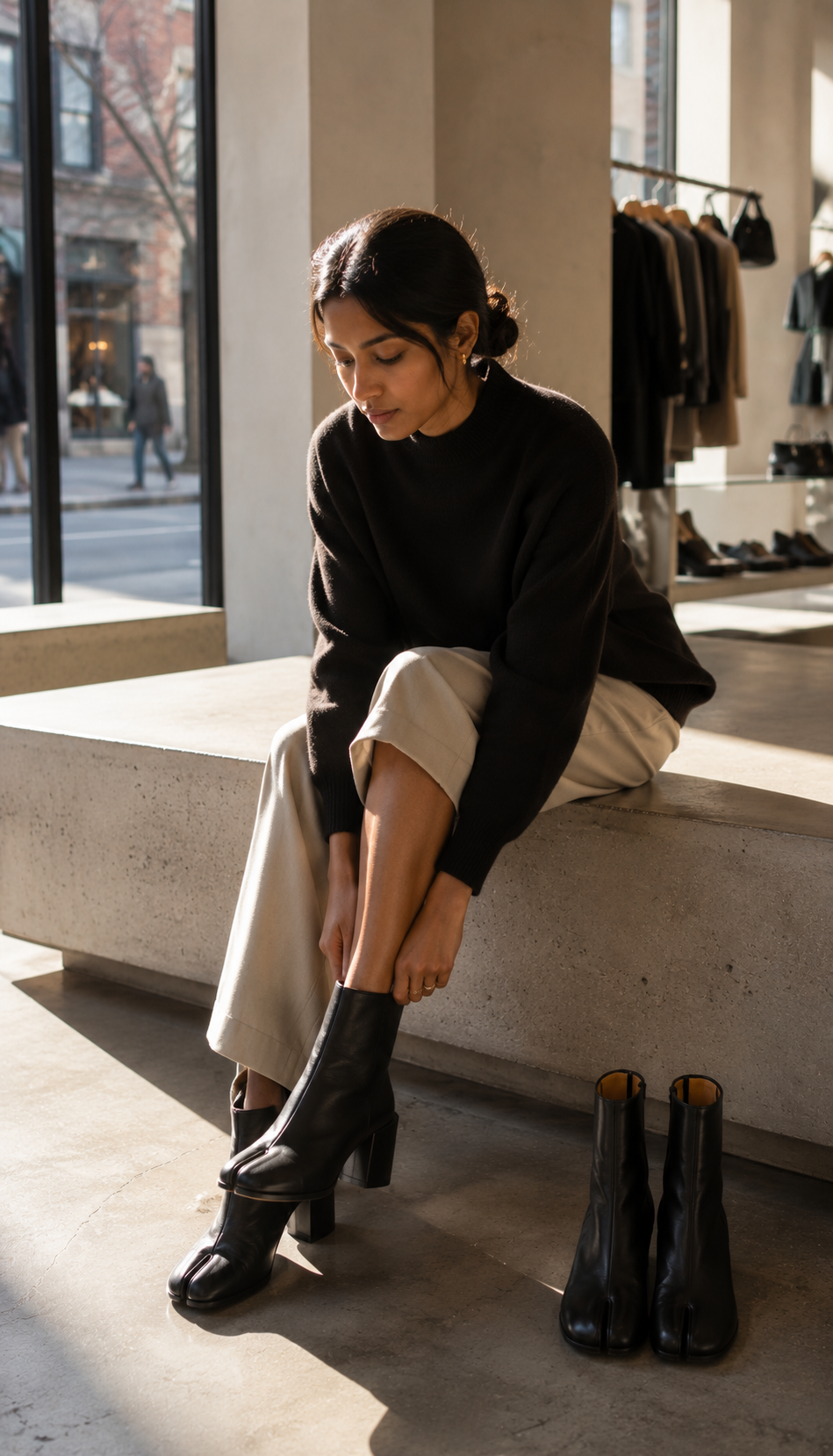 South Asian woman in her late twenties seated on a low concrete bench inside a sunlit Toronto boutique, trying on a black Tabi ankle boot, second pair on the floor beside her