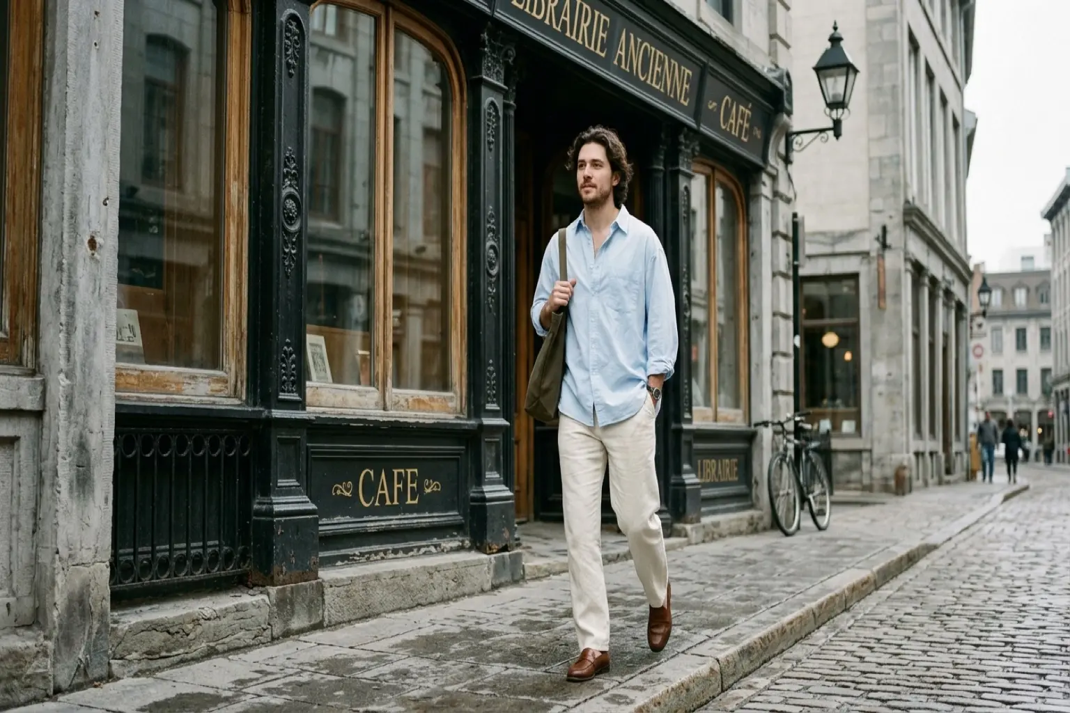 Man in an oversized pale blue button-down shirt and cream trousers walking past a cast-iron storefront on a grey Old Montreal street