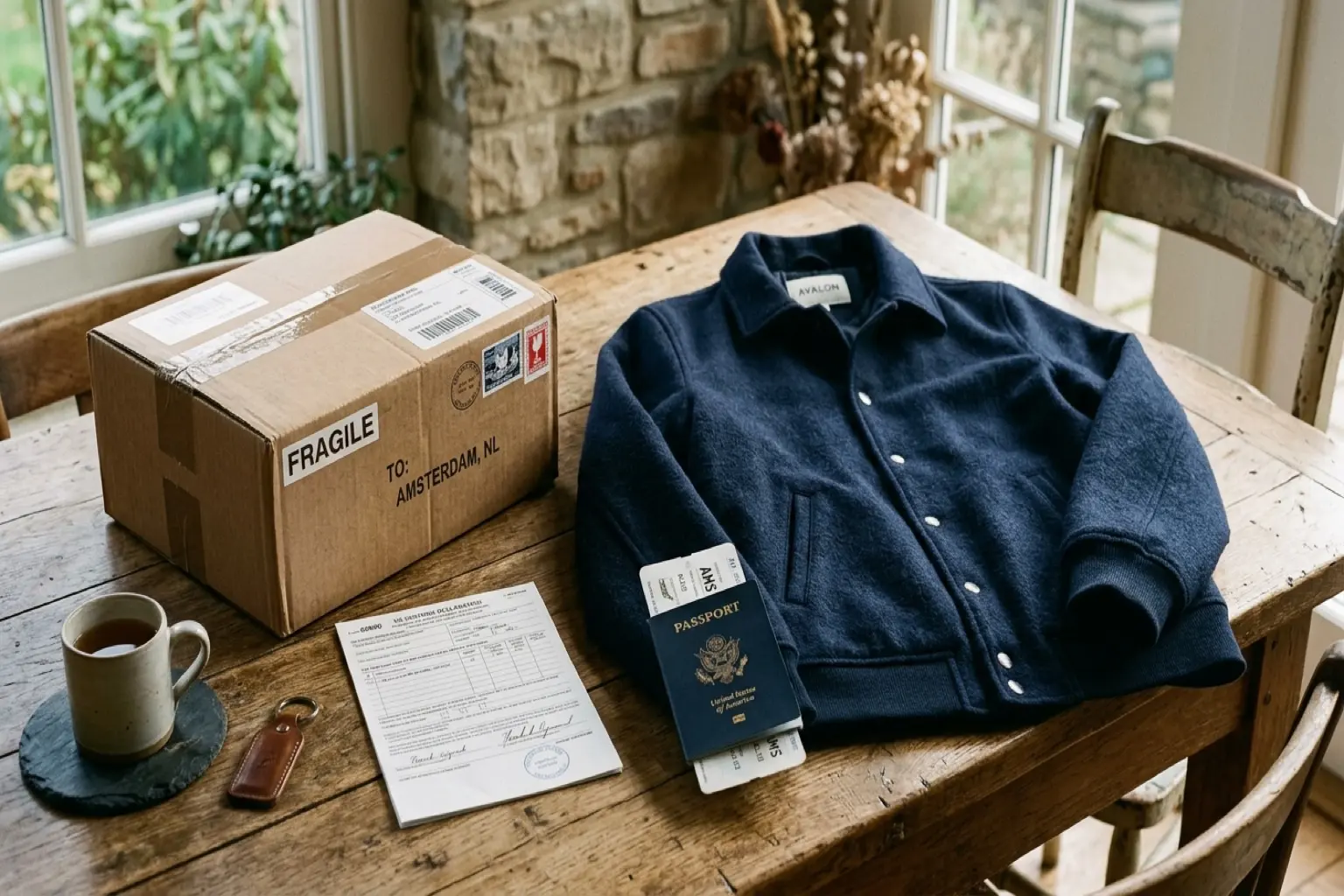 Cardboard shipping parcel with a customs form next to a folded wool jacket and a passport on an oak table in warm afternoon light