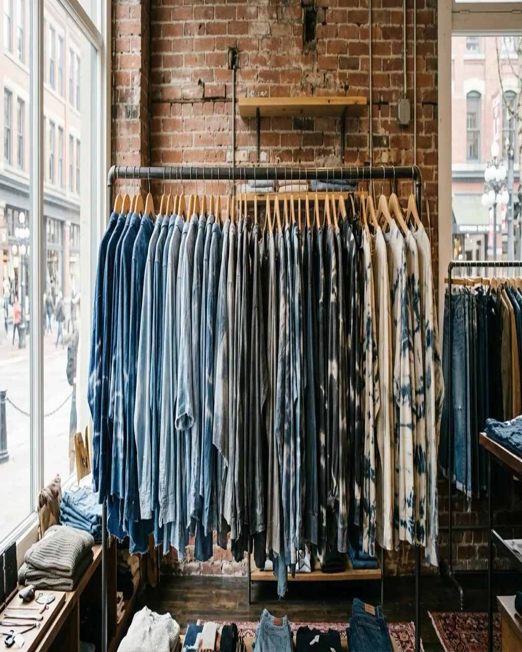 Rail of oversized shirts in washed blue and grey hanging against an exposed brick wall inside a Vancouver Gastown boutique