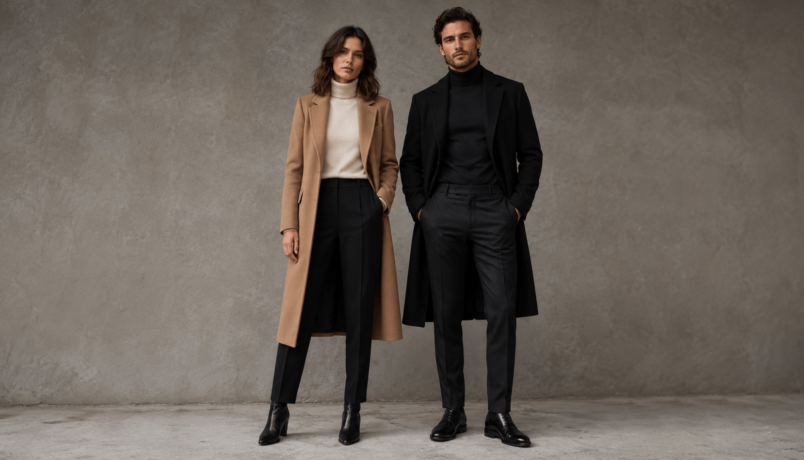 Editorial fashion photograph of a man and woman standing side by side in modern luxury outerwear: she in a long charcoal wool coat over a cream silk slip dress with pointed black leather boots, he in a tailored navy wool coat over a cream cashmere turtleneck and black trousers, warm cream studio backdrop