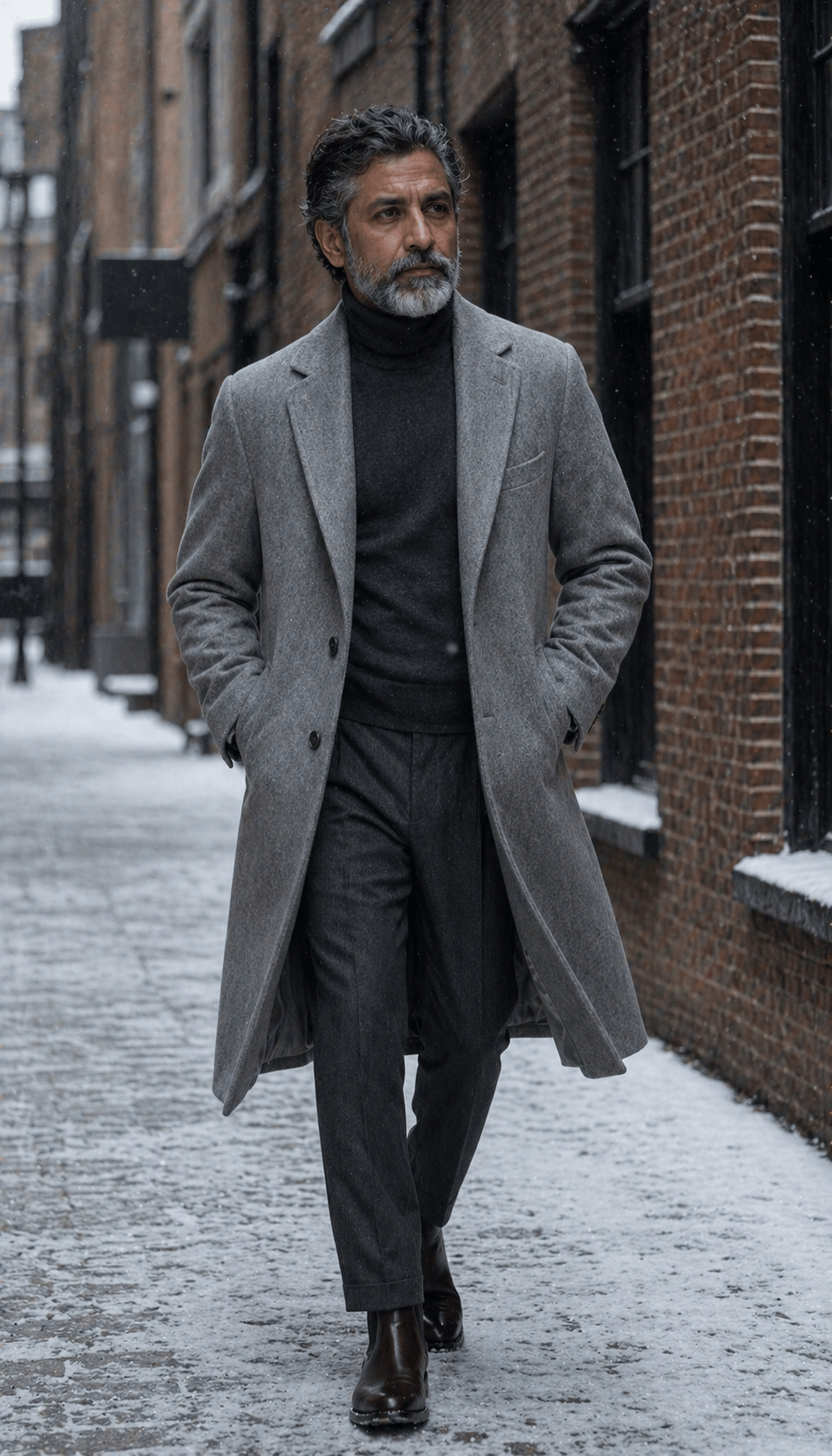 Forty-year-old Lebanese-Canadian man on a Saint-Laurent Boulevard sidewalk in a long camel wool overcoat over a navy fine-gauge knit, charcoal wool trousers, and dark brown leather lace-ups