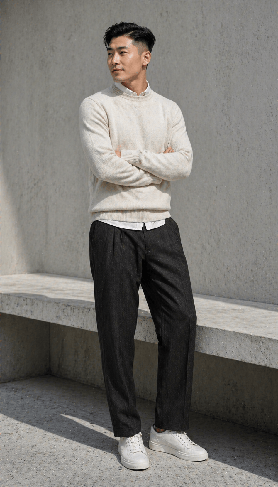 Korean-Canadian man in his early thirties standing on a rain-darkened Vancouver sidewalk in a charcoal wool trouser, untucked oxford shirt, and unstructured navy blazer